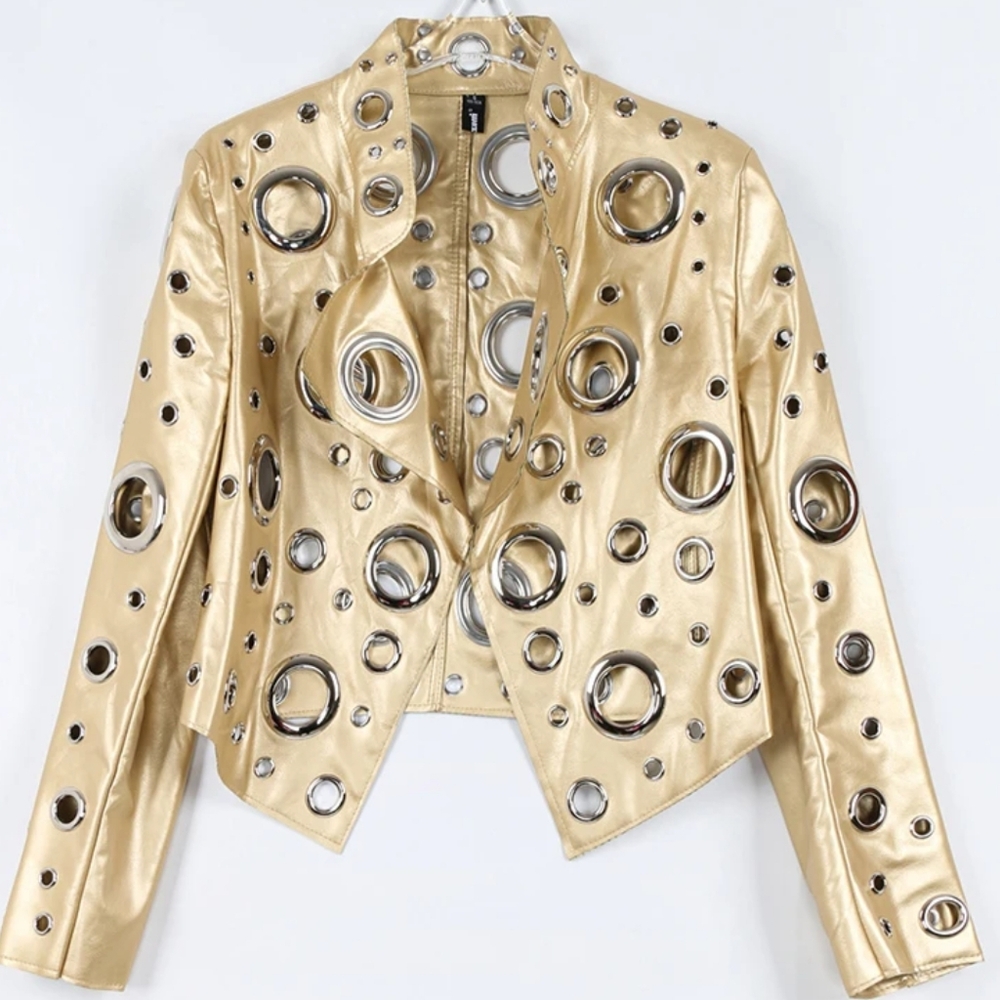 Gold Faux Leather Jacket With O Gold Hardware